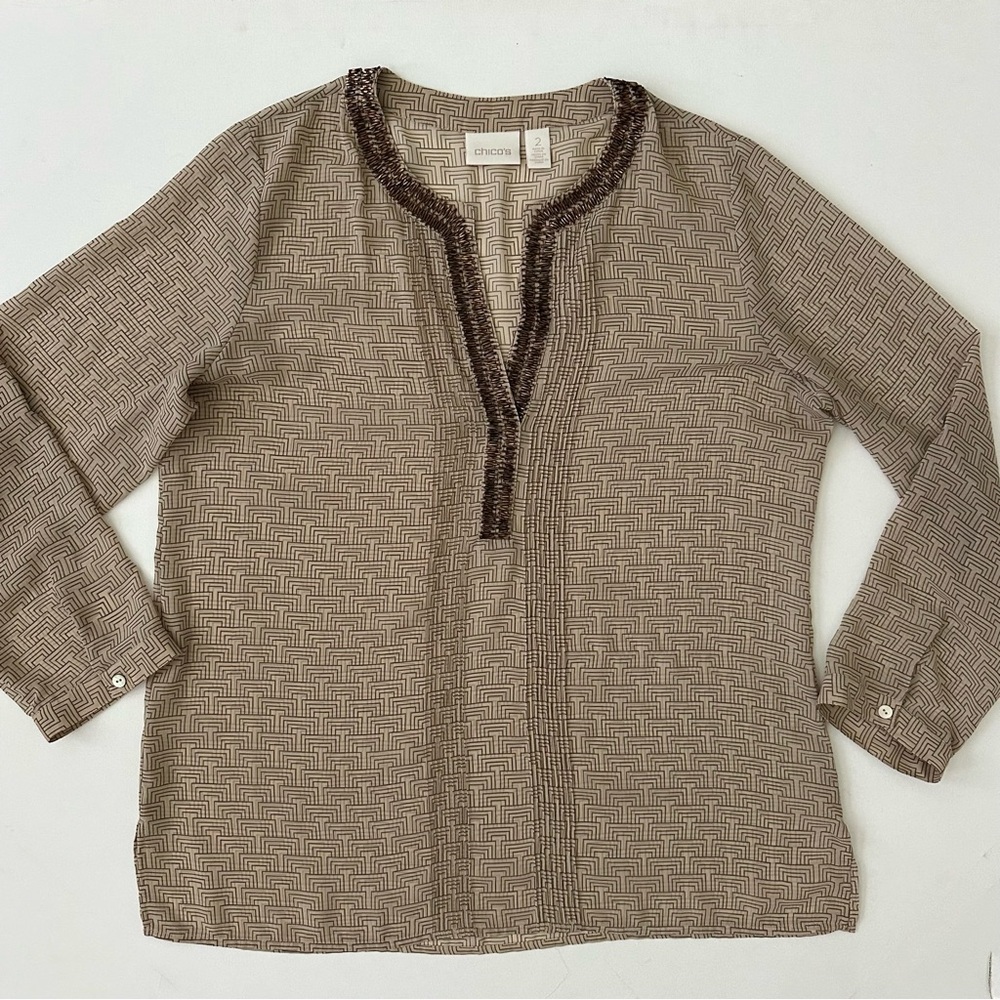 Chico’s Brown Long Sleeve Embellished Top Size 2 Women